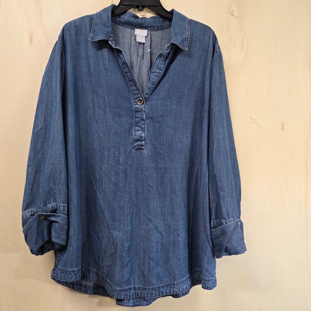Chico's Blue Tencel Lyocell Tunic Blouse Size 3 US 16/18 Long Sleeve Split Neck